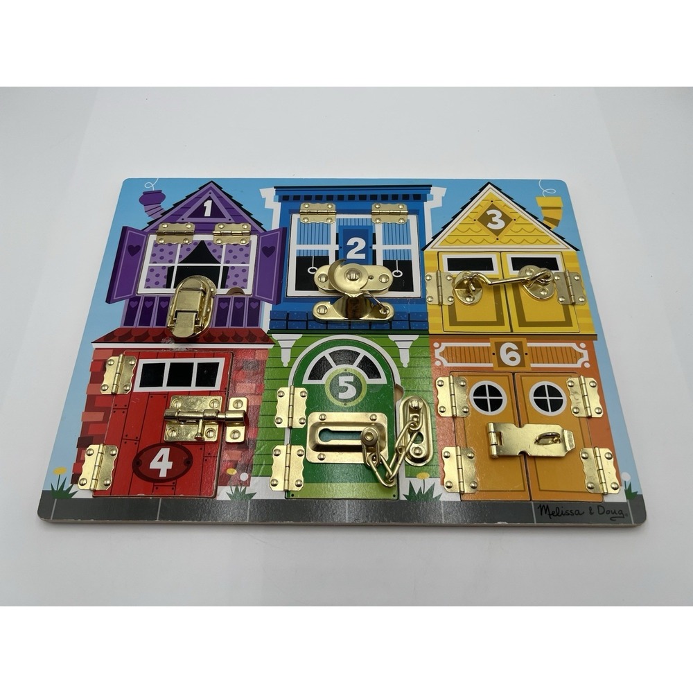 Melissa & Doug Wooden Locks And Latches Activity Board 6 Doors Hand Crafted